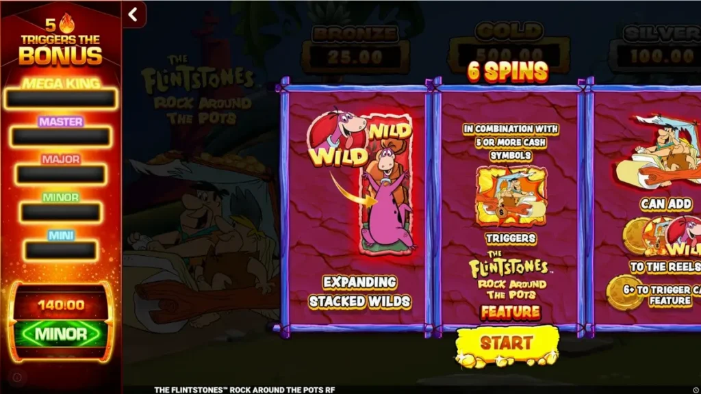 Tinjauan Slot The Flintstones: Rock Around The Pots oleh Blueprint Gaming, menampilkan Fred Flintstone dan Barney Rubble di samping gulungan yang penuh dengan simbol bertema Zaman Batu dan pot uang tunai.