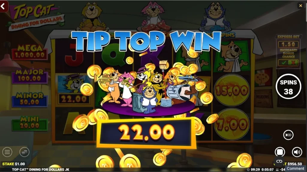 Tampilan visual slot Top Cat Dining For Dollars dengan karakter kartun di meja makan