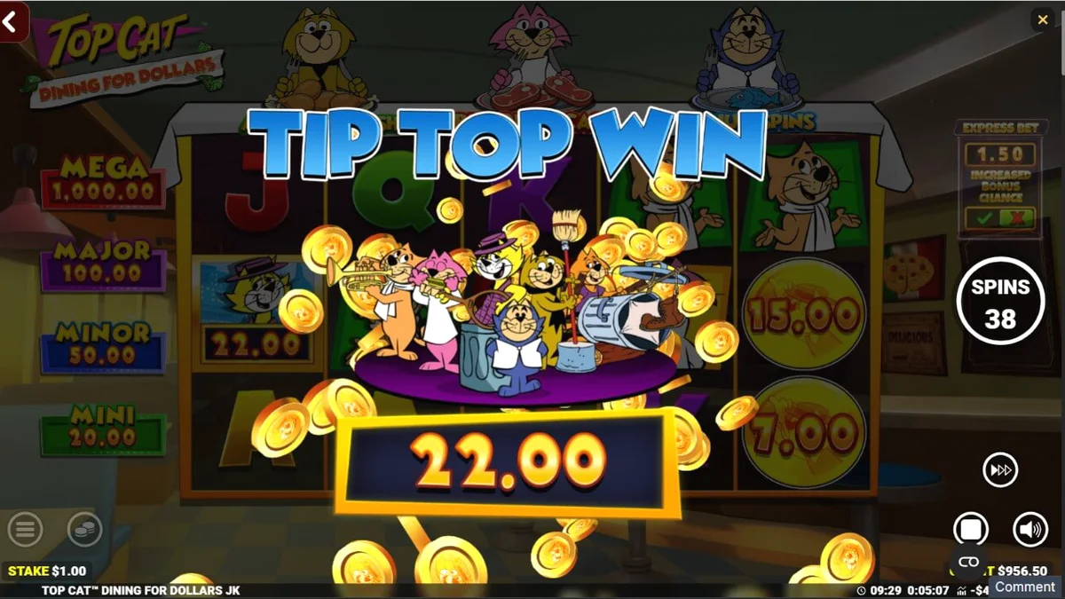 Tampilan visual slot Top Cat Dining For Dollars dengan karakter kartun di meja makan