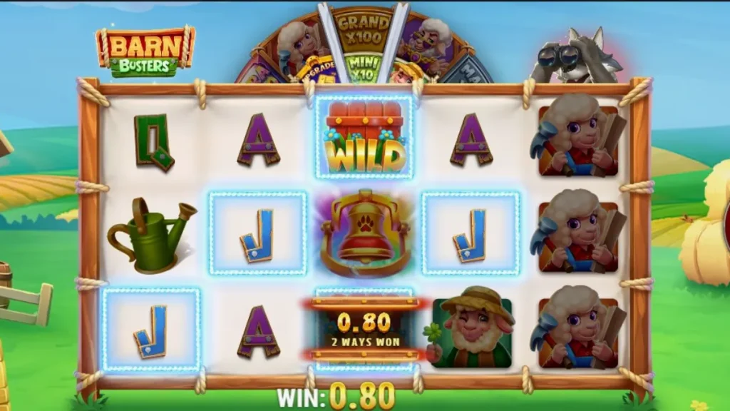 Tampilan visual slot Barn Busters dengan latar belakang peternakan dan elemen roda hadiah