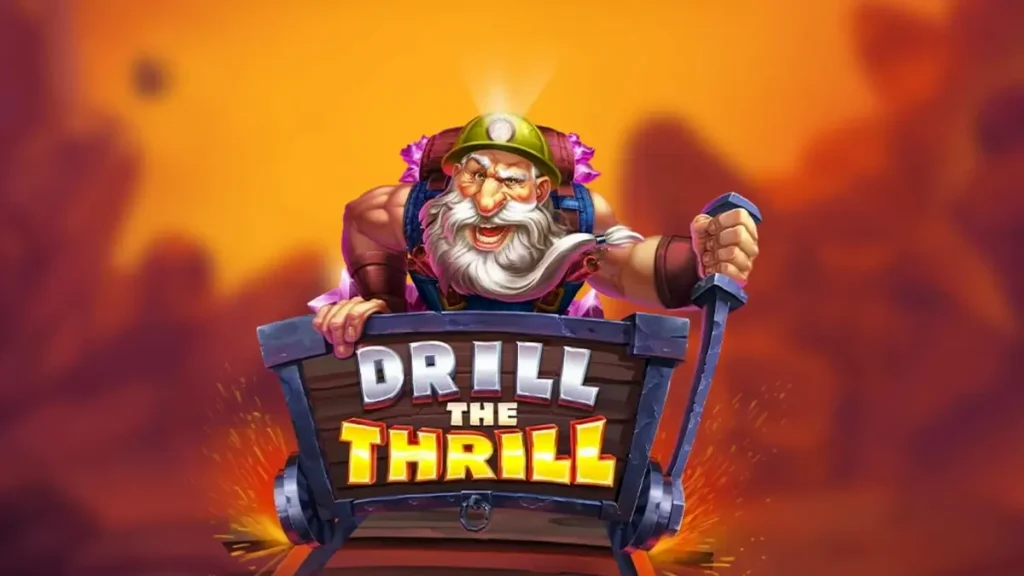 Tampilan visual slot Drill the Thrill dengan tema pertambangan dan peralatan industri.