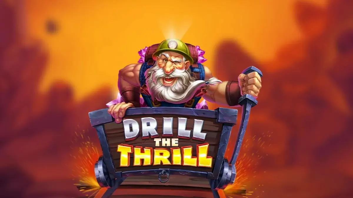 Tampilan visual slot Drill the Thrill dengan tema pertambangan dan peralatan industri.